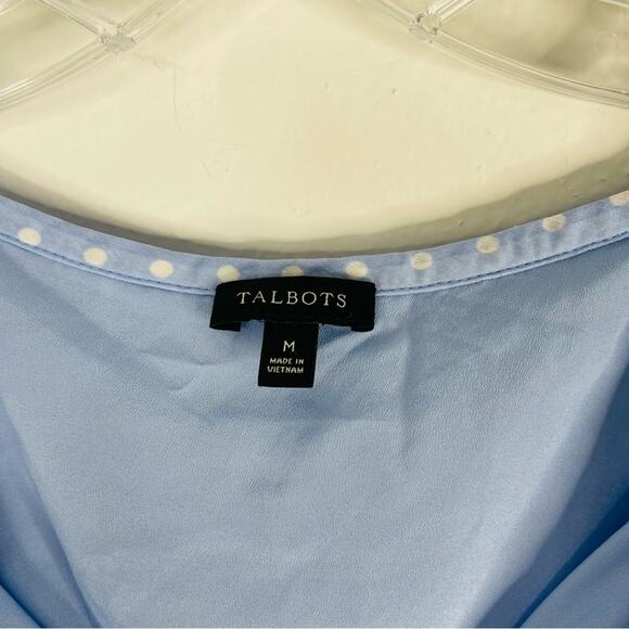 Talbots blue white polka dot preppy chiffon puff balloon sleeve top medium - Picture 4 of 7